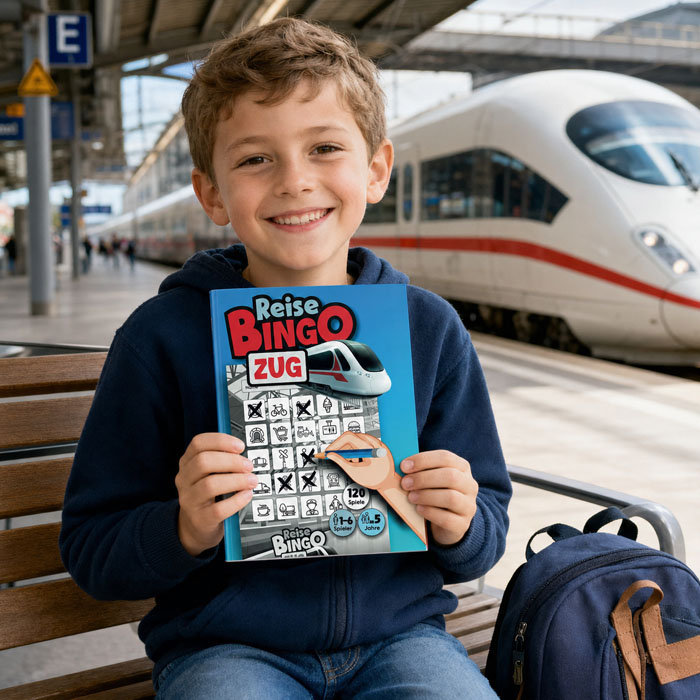 Kind beschäftigt sich mit ReiseBingo Zug auf einer Bahnreise