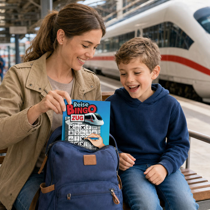 ReiseBingo Zug als Beschäftigung für Kinder am Bahnhof