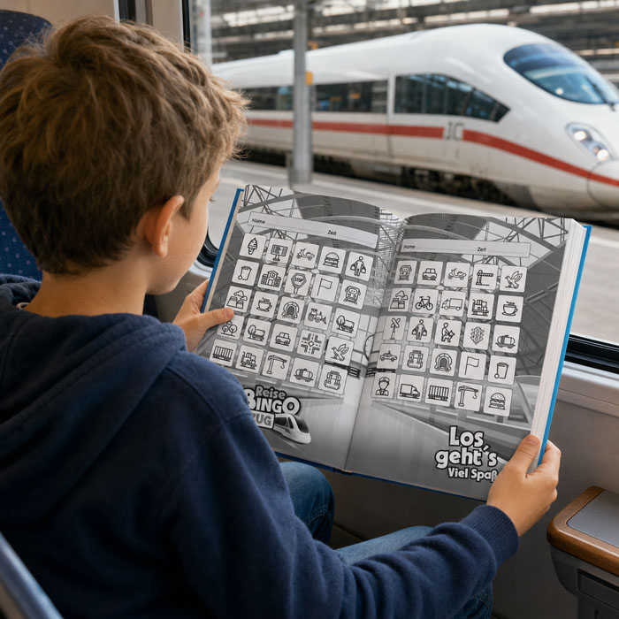 Kinder beschäftigen sich mit ReiseBingo Zug während der Wartezeit auf den Zug