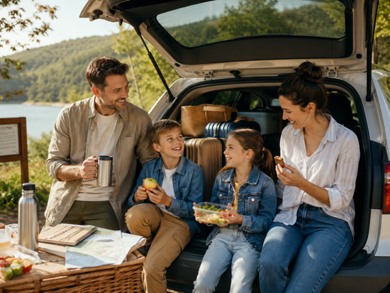 Familie macht eine entspannte Pause auf der Autofahrt mit Snacks und Reisegepäck