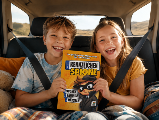 Zwei fröhliche Kinder auf der Rückbank mit dem Buch Kennzeichen Spione bei einer Autofahrt